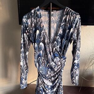 Jennifer Lopez Abstract Blue and Black Long Sleeve Dress
